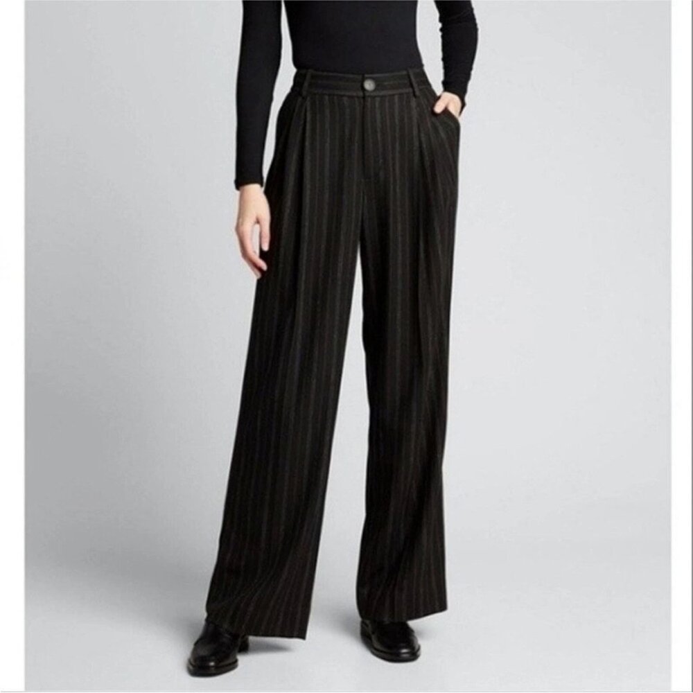 VINCE Pants Womens 8 Black Brown Pinstripe Wide Leg‎ Dress Trousers Work Wool